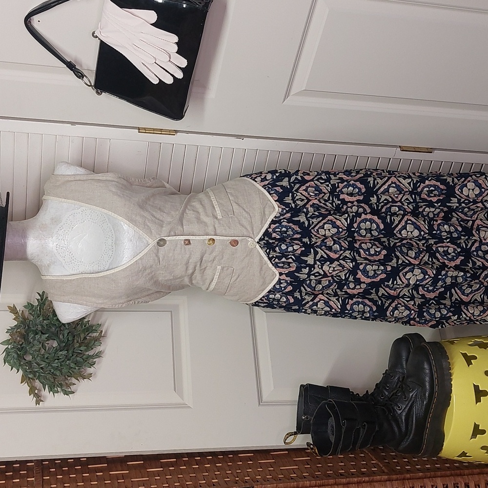 Vintage 80's - 90's Dress By Plaza South, Beige And Navy, Size 6